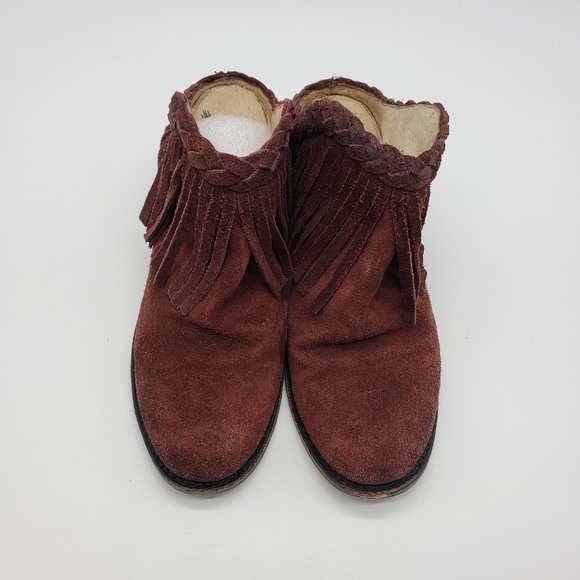 FREEBIRD women US 8 burgundy mules braid fringe suede stacked block heel leather - Picture 10 of 13